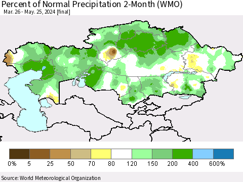 Kazakhstan Percent of Normal Precipitation 2-Month (WMO) Thematic Map For 3/26/2024 - 5/25/2024