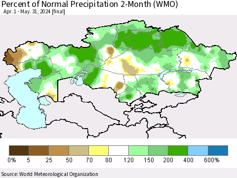 Kazakhstan Percent of Normal Precipitation 2-Month (WMO) Thematic Map For 4/1/2024 - 5/31/2024