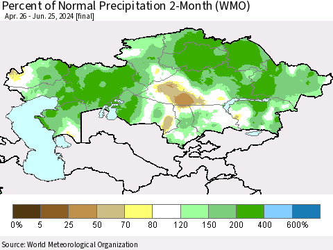 Kazakhstan Percent of Normal Precipitation 2-Month (WMO) Thematic Map For 4/26/2024 - 6/25/2024