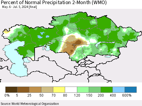 Kazakhstan Percent of Normal Precipitation 2-Month (WMO) Thematic Map For 5/6/2024 - 7/5/2024