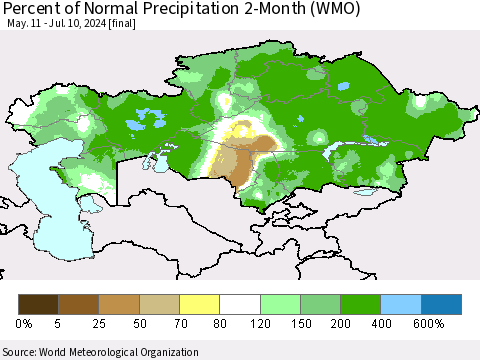 Kazakhstan Percent of Normal Precipitation 2-Month (WMO) Thematic Map For 5/11/2024 - 7/10/2024
