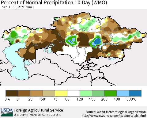 Kazakhstan Percent of Normal Precipitation 10-Day (WMO) Thematic Map For 9/1/2021 - 9/10/2021