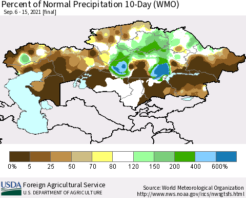 Kazakhstan Percent of Normal Precipitation 10-Day (WMO) Thematic Map For 9/6/2021 - 9/15/2021