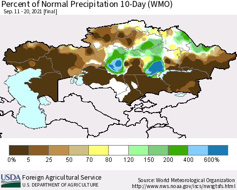 Kazakhstan Percent of Normal Precipitation 10-Day (WMO) Thematic Map For 9/11/2021 - 9/20/2021
