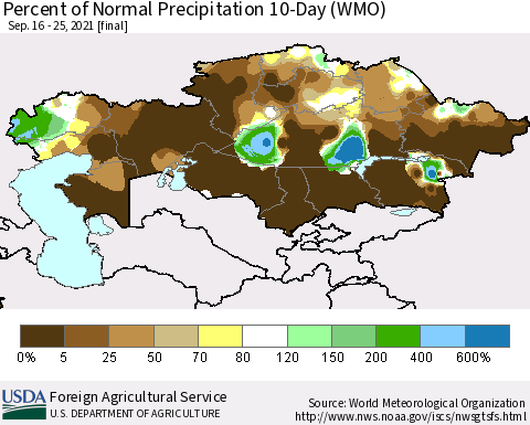 Kazakhstan Percent of Normal Precipitation 10-Day (WMO) Thematic Map For 9/16/2021 - 9/25/2021