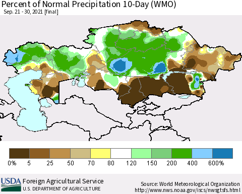 Kazakhstan Percent of Normal Precipitation 10-Day (WMO) Thematic Map For 9/21/2021 - 9/30/2021