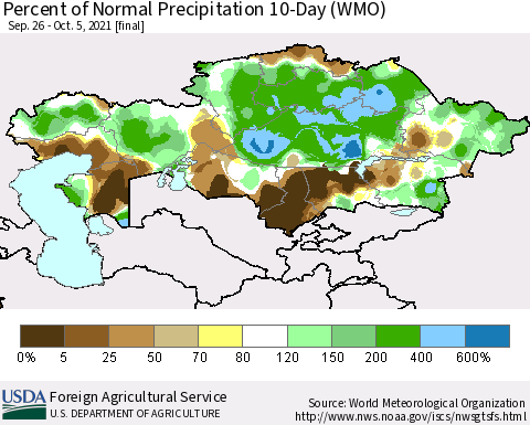 Kazakhstan Percent of Normal Precipitation 10-Day (WMO) Thematic Map For 9/26/2021 - 10/5/2021
