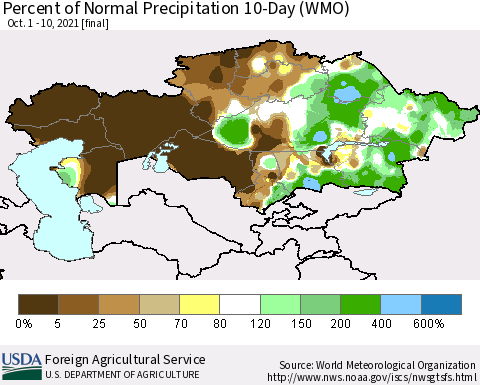 Kazakhstan Percent of Normal Precipitation 10-Day (WMO) Thematic Map For 10/1/2021 - 10/10/2021