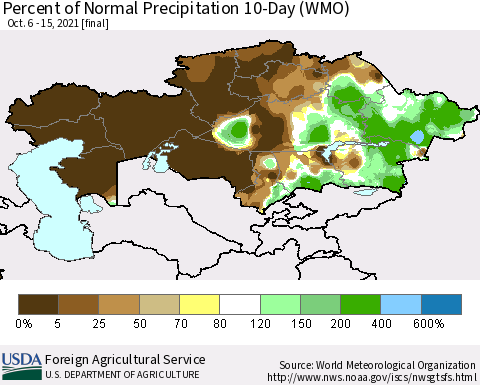 Kazakhstan Percent of Normal Precipitation 10-Day (WMO) Thematic Map For 10/6/2021 - 10/15/2021