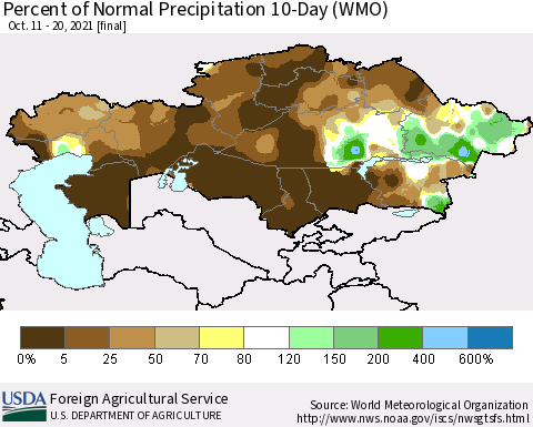 Kazakhstan Percent of Normal Precipitation 10-Day (WMO) Thematic Map For 10/11/2021 - 10/20/2021