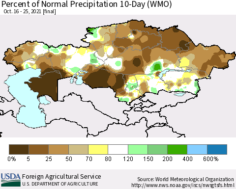 Kazakhstan Percent of Normal Precipitation 10-Day (WMO) Thematic Map For 10/16/2021 - 10/25/2021