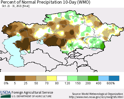 Kazakhstan Percent of Normal Precipitation 10-Day (WMO) Thematic Map For 10/21/2021 - 10/31/2021