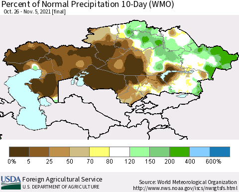 Kazakhstan Percent of Normal Precipitation 10-Day (WMO) Thematic Map For 10/26/2021 - 11/5/2021