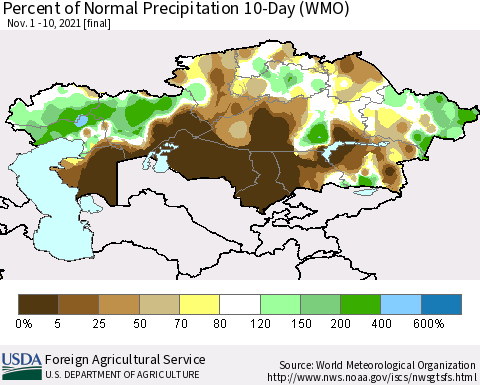 Kazakhstan Percent of Normal Precipitation 10-Day (WMO) Thematic Map For 11/1/2021 - 11/10/2021