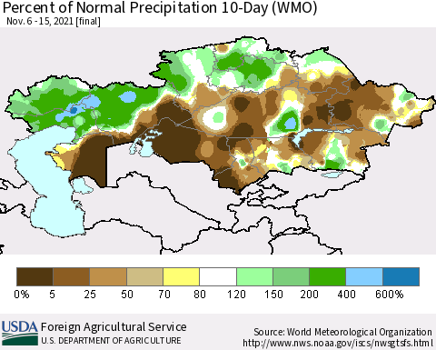 Kazakhstan Percent of Normal Precipitation 10-Day (WMO) Thematic Map For 11/6/2021 - 11/15/2021