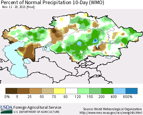 Kazakhstan Percent of Normal Precipitation 10-Day (WMO) Thematic Map For 11/11/2021 - 11/20/2021