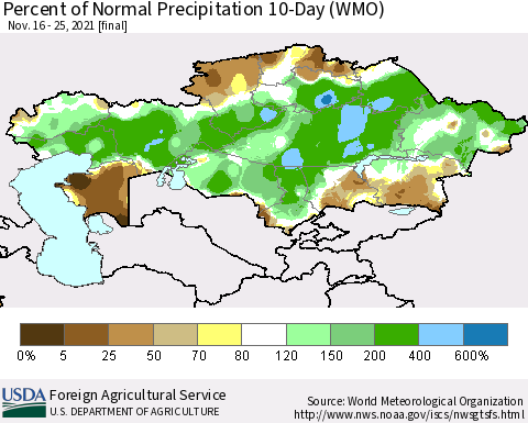 Kazakhstan Percent of Normal Precipitation 10-Day (WMO) Thematic Map For 11/16/2021 - 11/25/2021