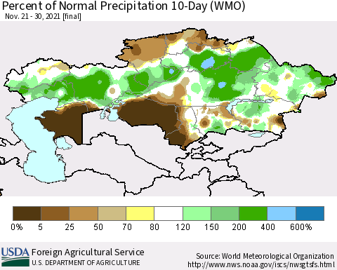 Kazakhstan Percent of Normal Precipitation 10-Day (WMO) Thematic Map For 11/21/2021 - 11/30/2021