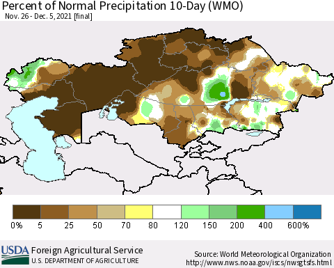 Kazakhstan Percent of Normal Precipitation 10-Day (WMO) Thematic Map For 11/26/2021 - 12/5/2021