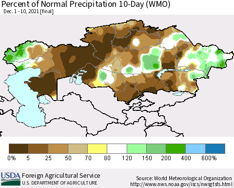 Kazakhstan Percent of Normal Precipitation 10-Day (WMO) Thematic Map For 12/1/2021 - 12/10/2021