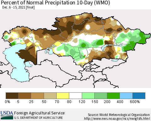 Kazakhstan Percent of Normal Precipitation 10-Day (WMO) Thematic Map For 12/6/2021 - 12/15/2021