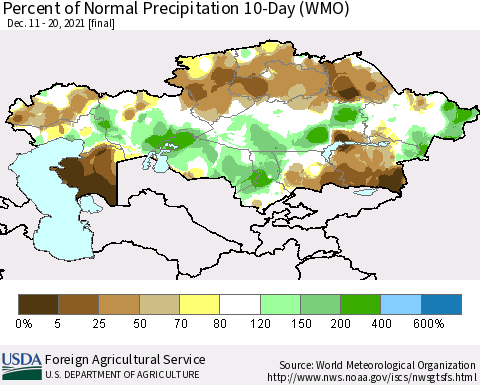 Kazakhstan Percent of Normal Precipitation 10-Day (WMO) Thematic Map For 12/11/2021 - 12/20/2021