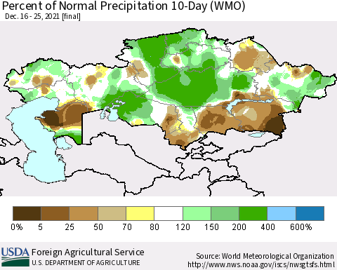 Kazakhstan Percent of Normal Precipitation 10-Day (WMO) Thematic Map For 12/16/2021 - 12/25/2021