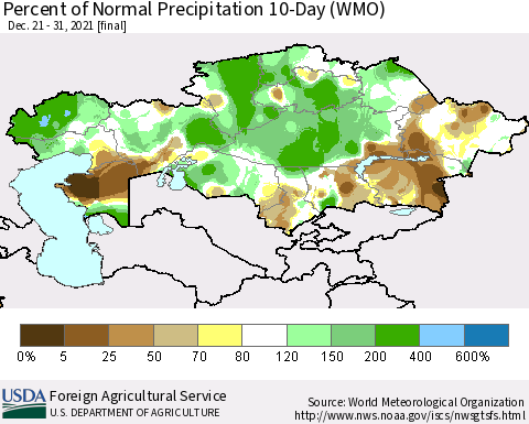 Kazakhstan Percent of Normal Precipitation 10-Day (WMO) Thematic Map For 12/21/2021 - 12/31/2021