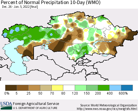 Kazakhstan Percent of Normal Precipitation 10-Day (WMO) Thematic Map For 12/26/2021 - 1/5/2022