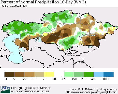 Kazakhstan Percent of Normal Precipitation 10-Day (WMO) Thematic Map For 1/1/2022 - 1/10/2022