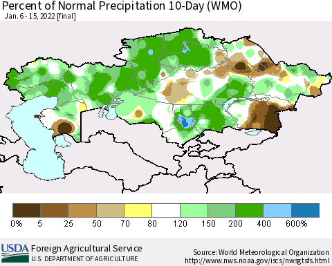 Kazakhstan Percent of Normal Precipitation 10-Day (WMO) Thematic Map For 1/6/2022 - 1/15/2022