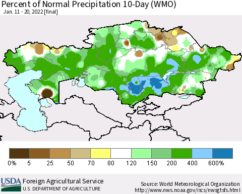 Kazakhstan Percent of Normal Precipitation 10-Day (WMO) Thematic Map For 1/11/2022 - 1/20/2022
