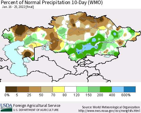 Kazakhstan Percent of Normal Precipitation 10-Day (WMO) Thematic Map For 1/16/2022 - 1/25/2022