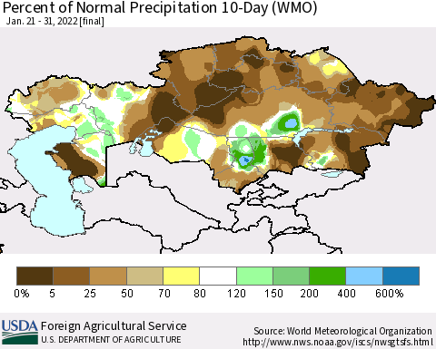 Kazakhstan Percent of Normal Precipitation 10-Day (WMO) Thematic Map For 1/21/2022 - 1/31/2022