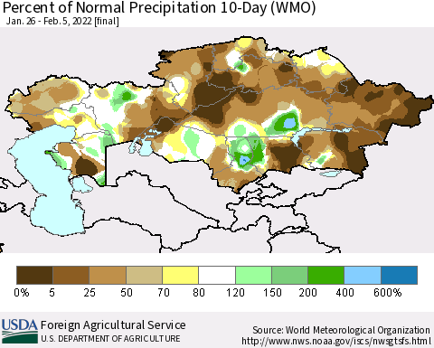 Kazakhstan Percent of Normal Precipitation 10-Day (WMO) Thematic Map For 1/26/2022 - 2/5/2022