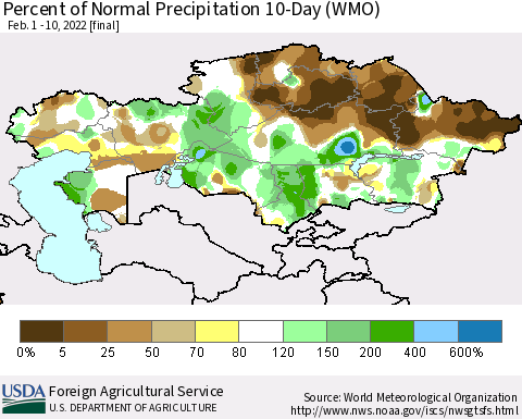 Kazakhstan Percent of Normal Precipitation 10-Day (WMO) Thematic Map For 2/1/2022 - 2/10/2022