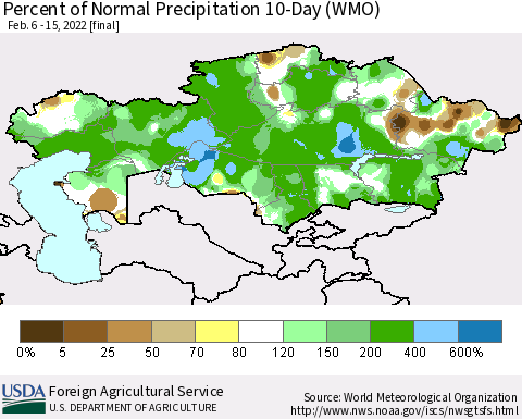 Kazakhstan Percent of Normal Precipitation 10-Day (WMO) Thematic Map For 2/6/2022 - 2/15/2022