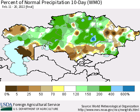 Kazakhstan Percent of Normal Precipitation 10-Day (WMO) Thematic Map For 2/11/2022 - 2/20/2022