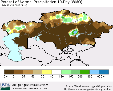 Kazakhstan Percent of Normal Precipitation 10-Day (WMO) Thematic Map For 2/16/2022 - 2/25/2022