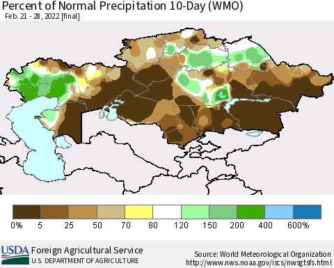 Kazakhstan Percent of Normal Precipitation 10-Day (WMO) Thematic Map For 2/21/2022 - 2/28/2022