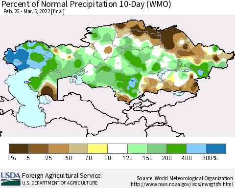 Kazakhstan Percent of Normal Precipitation 10-Day (WMO) Thematic Map For 2/26/2022 - 3/5/2022