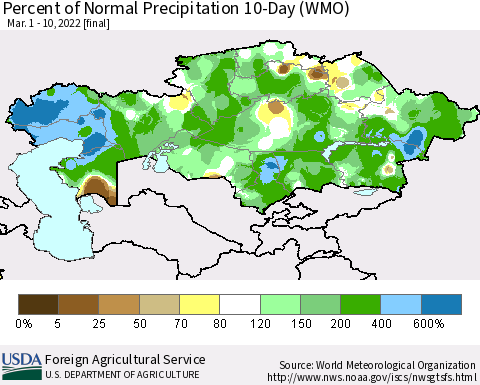 Kazakhstan Percent of Normal Precipitation 10-Day (WMO) Thematic Map For 3/1/2022 - 3/10/2022