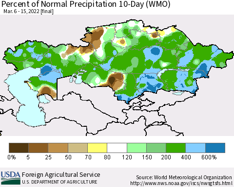 Kazakhstan Percent of Normal Precipitation 10-Day (WMO) Thematic Map For 3/6/2022 - 3/15/2022