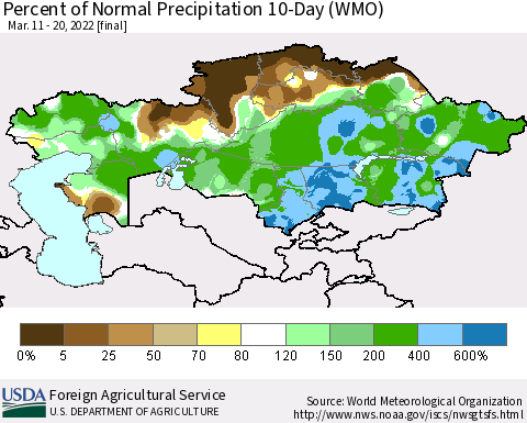 Kazakhstan Percent of Normal Precipitation 10-Day (WMO) Thematic Map For 3/11/2022 - 3/20/2022