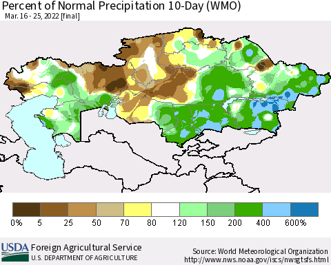 Kazakhstan Percent of Normal Precipitation 10-Day (WMO) Thematic Map For 3/16/2022 - 3/25/2022