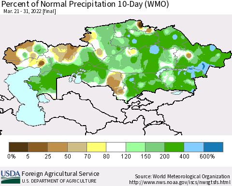 Kazakhstan Percent of Normal Precipitation 10-Day (WMO) Thematic Map For 3/21/2022 - 3/31/2022
