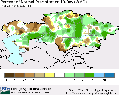 Kazakhstan Percent of Normal Precipitation 10-Day (WMO) Thematic Map For 3/26/2022 - 4/5/2022