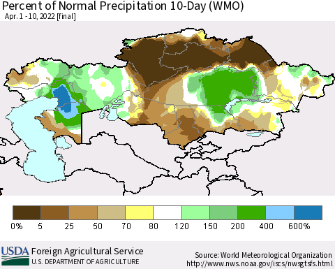 Kazakhstan Percent of Normal Precipitation 10-Day (WMO) Thematic Map For 4/1/2022 - 4/10/2022