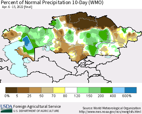 Kazakhstan Percent of Normal Precipitation 10-Day (WMO) Thematic Map For 4/6/2022 - 4/15/2022