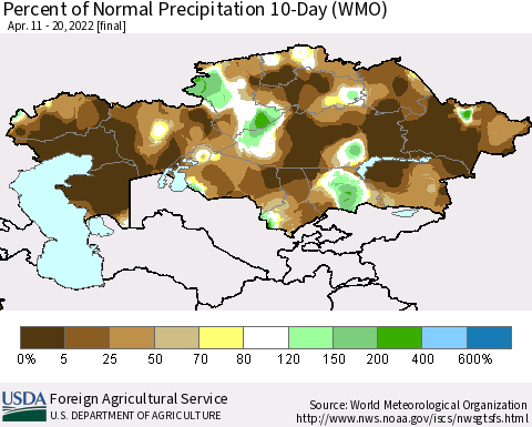 Kazakhstan Percent of Normal Precipitation 10-Day (WMO) Thematic Map For 4/11/2022 - 4/20/2022